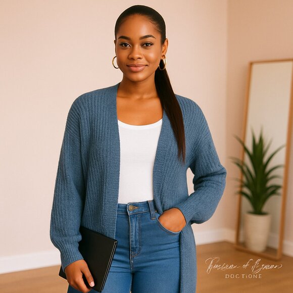 Dusty Blue Drop Shoulder Cardigan | Slouchy Knit Open Front | Boho Chic Layer - Picture 1 of 9